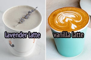 On the left, a lavender latte, and on the right, a vanilla latte