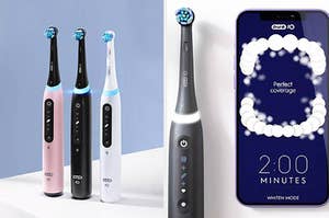 On the left are three toothbrushes and on the right is a toothbrush with the Oral B app