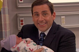On the left, Michael from The Office smiling and holding a baby