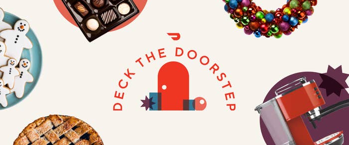 Deck The Doorstep logo surrounded by holiday cookies, decorations, and gifts