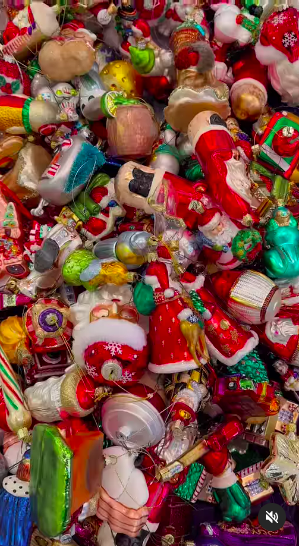 A closeup of a huge amount of Christmas ornaments