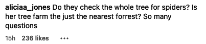 &quot;Do they check the whole tree for spiders? Is her tree farm just the nearest forrest? So many questions&quot;