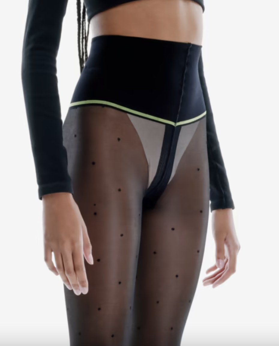 model in tights with black dots