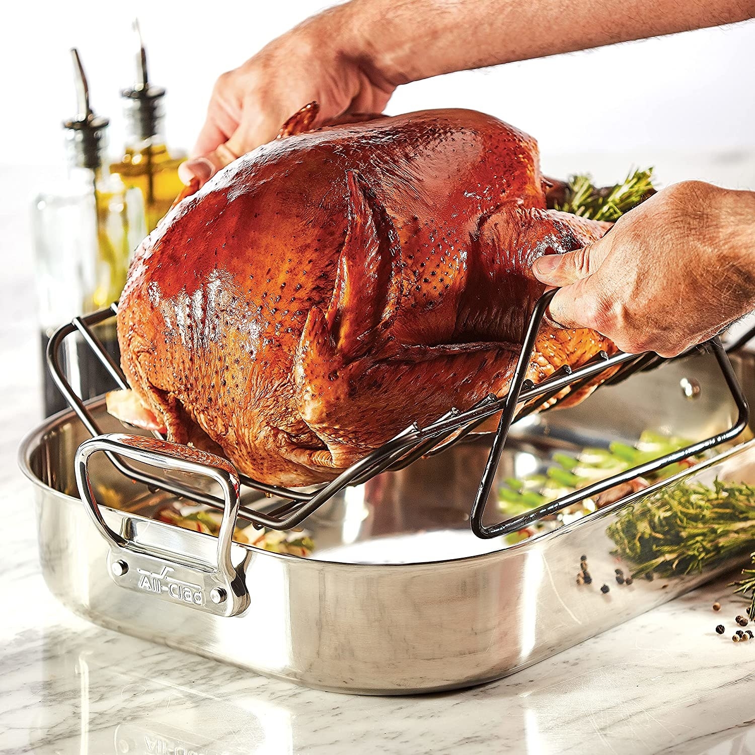 A turkey in the roasting pan on the rack