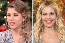 Jodie Sweetin wears a lavender dress with flowers and pink drop earrings. Candace Cameron Bure wears a blue plaid dress.
