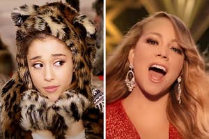 On the left, Ariana Grande in the Santa Tell Me music video, and on the right, Mariah Carey in the All I Want for Christmas Is You music video