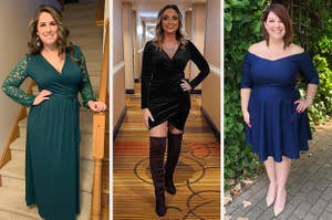 Reviewer wearing green long dress with lace long sleeves and v-neckline, reviewer in black mini velvet dress with long sleeves and v-neckline paired with knee-high boots, reviewer in off shoulder flared navy blue knee-high dress