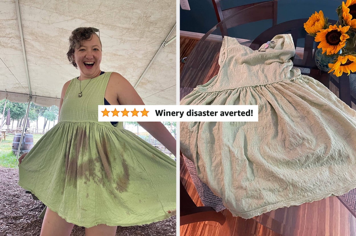 reviewer with wine stained dress then dress clean with 5-star review title "winery disaster averted!"