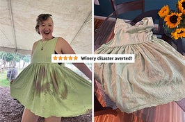 reviewer with wine stained dress then dress clean with 5-star review title "winery disaster averted!"