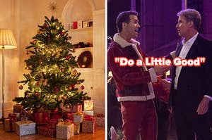 On the left, a Christmas tree with presents underneath it, and on the right, Ryan Reynolds and Will Ferrell singing as Clint and Present in Spirited labeled Do a Little Good