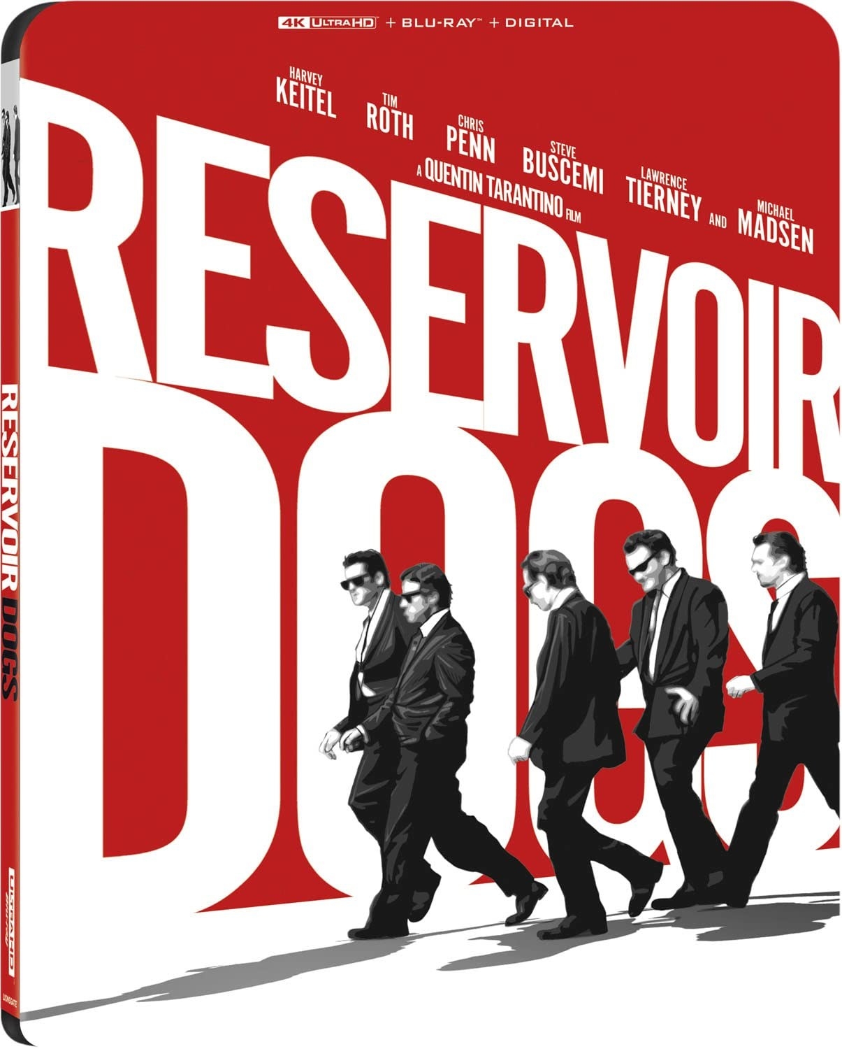 A blu ray with the title of the movie in giant letters, and the characters walking in their suits in front
