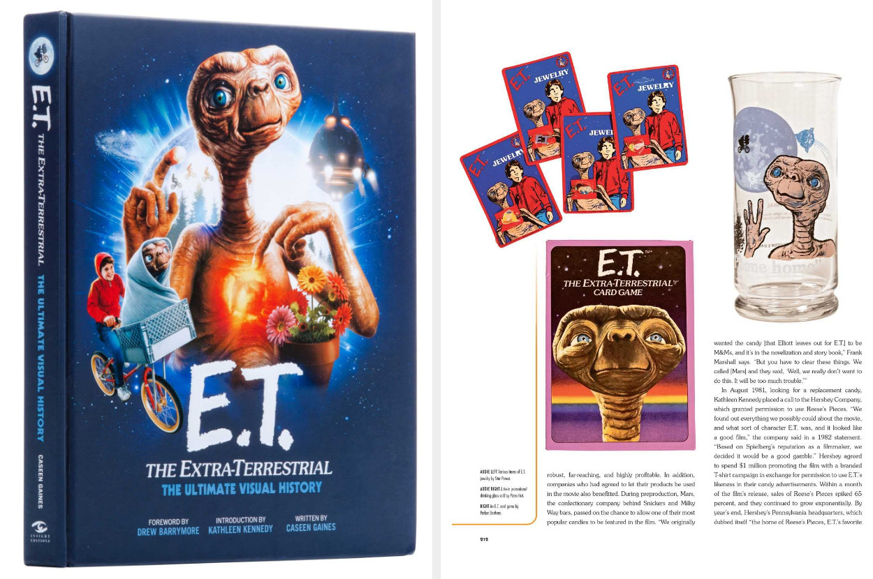 Cover of the book showing ET, ET and Elliot on the bike, and the pot of flowers, and then an inside page of the book showing vintage trading cards, a poster, and collectible glass for ET from the &#x27;80s