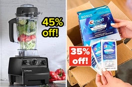 a vitamix filled with vegetables with text: 45% off! / hands holding crest whitestrips with text: 35% off!