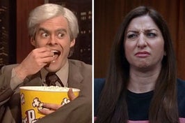 Bill Hader eats popcorn out of a bucket and a close up of Gina Linetti looking grossed out