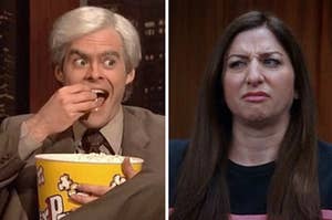 Bill Hader eats popcorn out of a bucket and a close up of Gina Linetti looking grossed out