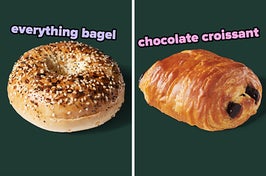 On the left, an everything bagel from Starbucks, and on the right, a chocolate croissant from Starbucks