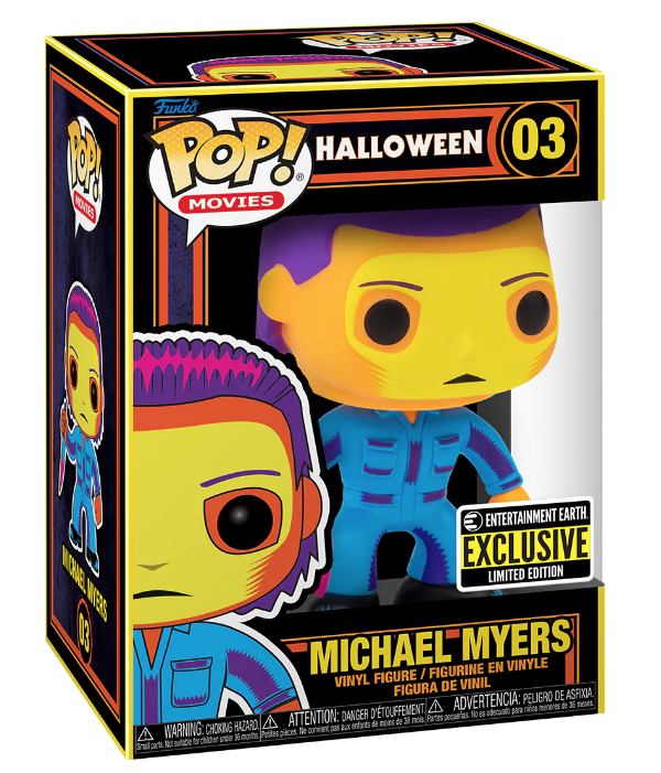 A funko pop of Michael Myers in neon colors that can glow in the dark