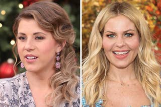 Jodie Sweetin wears a lavender dress with flowers and pink drop earrings. Candace Cameron Bure wears a blue plaid dress.