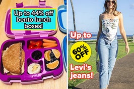 reviewer photo of a purple bento lunch box with text: up to 44% off bento lunch boxes! / reviewer wearing levi's jeans with text: up to 60% off levi's jeans!