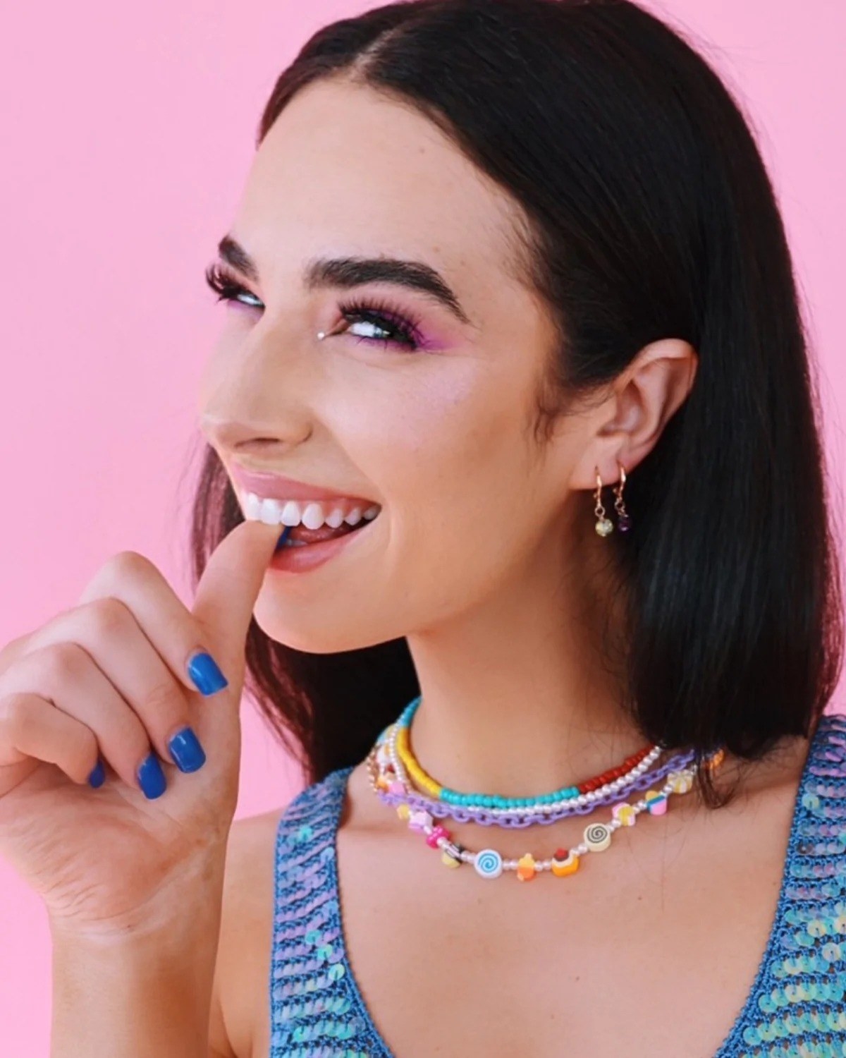 Image of model wearing colorful &quot;sweet tooth&quot; necklace