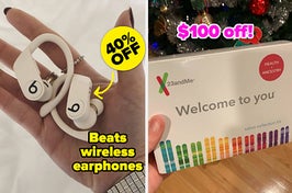 hand holding a pair of beats earphones with text: 40% off beats wireless earphones / reviewer holding a 23andme kit with text: $100 off!