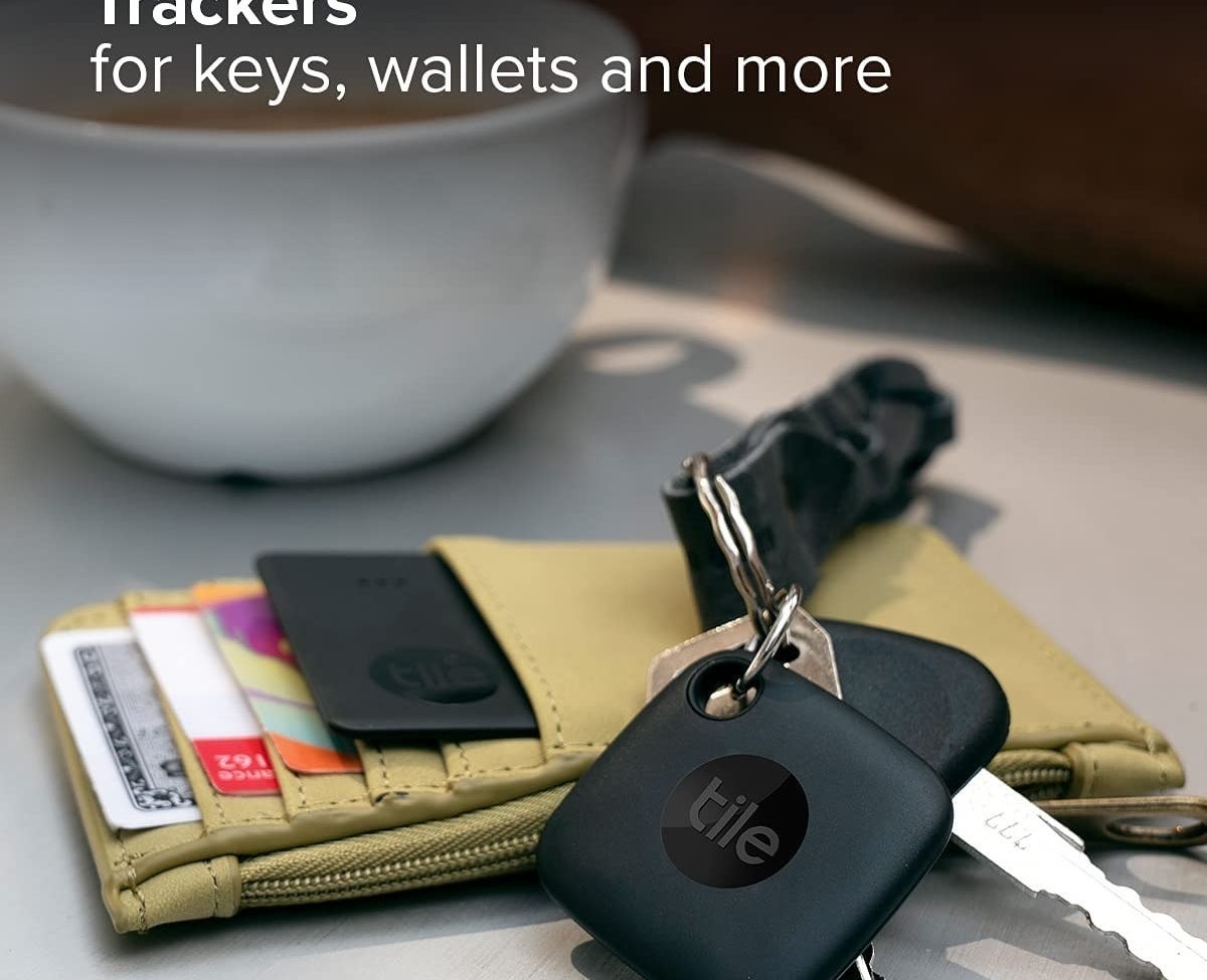 the tile slim in a wallet and the tile keychain on a set of keys
