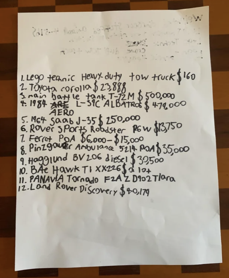 A list with 12 items and their prices, including a Lego tow truck ($160), a Toyota Corolla ($23,888), and a 1964 SAAB J-35 ($250,000)