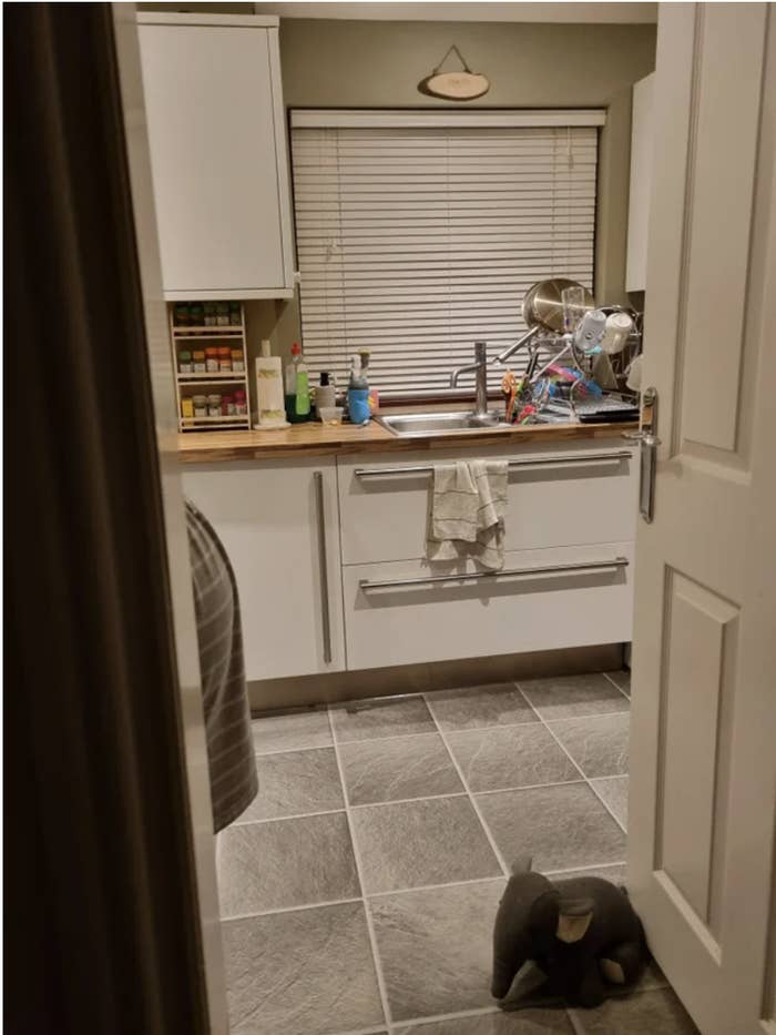 View of kitchen from a doorway with a woman's pregnant belly visible on the side
