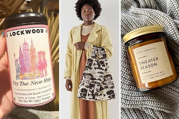 on the left lockwood english breakfast tea, in the middle a baggu shopping bag with mushrooms printed on it, on the right a "sweater season" candle