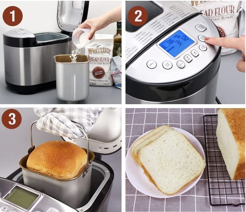 A person using the bread maker to make a loaf of bread in three easy steps