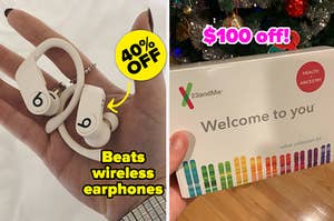 hand holding a pair of beats earphones with text: 40% off beats wireless earphones / reviewer holding a 23andme kit with text: $100 off!