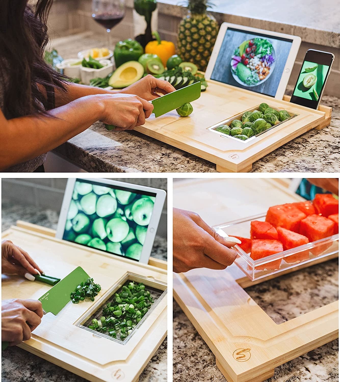 Three different pictures of a cutting board with a built in food storage container and a stand for an iPhone or iPad