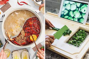 A hot pot and a cutting board with a built-in bowl