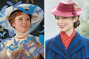 the original mary poppins on the left and emily blunt as mary poppins on the right