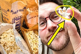 different popcorn bags and author holding up one popped kernel