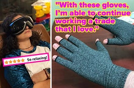 L: a reviewer wearing an eye massager and a five-star review titled "So relaxing!", R: a reviewer wearing fingerless compression gloves and a quote reading "With these gloves, I'm able to continue working a trade that I love." 
