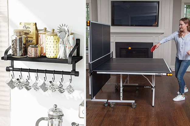wall shelf with hooks and person playing ping pong alone