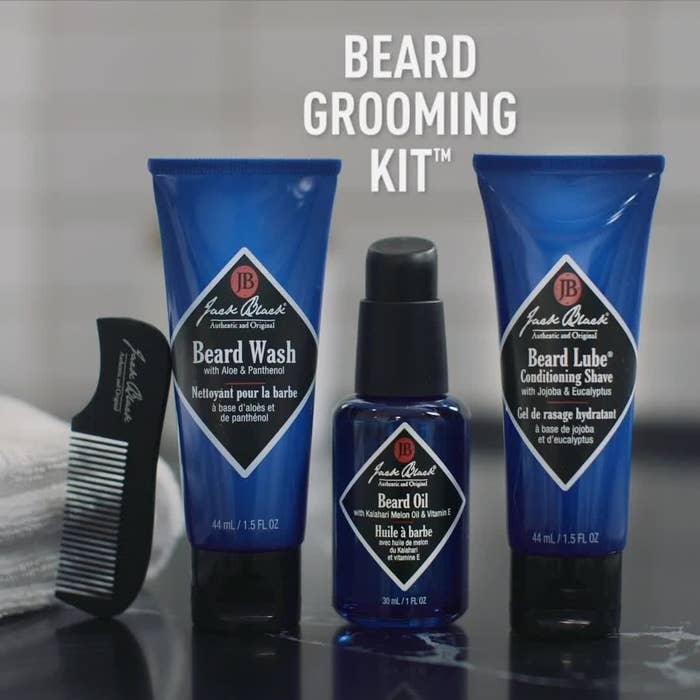 the beard kit on a bathroom vanity