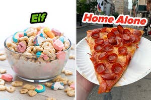 On the left, a bowl of cereal with marshmallows labeled Elf, and on the right, someone holding a paper plate with a slice of pepperoni pizza on it labeled Home Alone