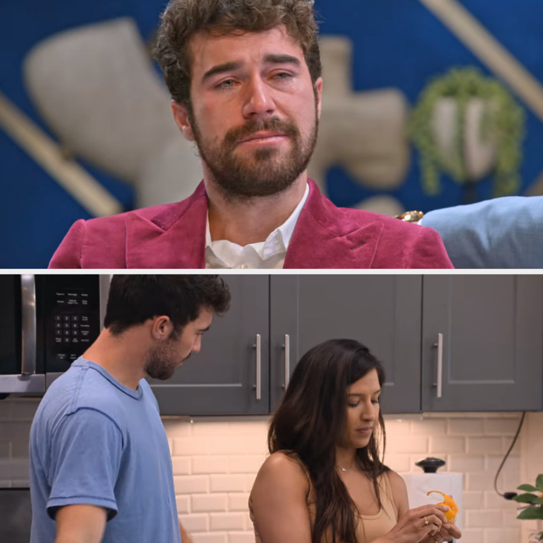 closeup of a man sitting on the couch and then footage of him and his fiance in the kitchen as she peels cuties