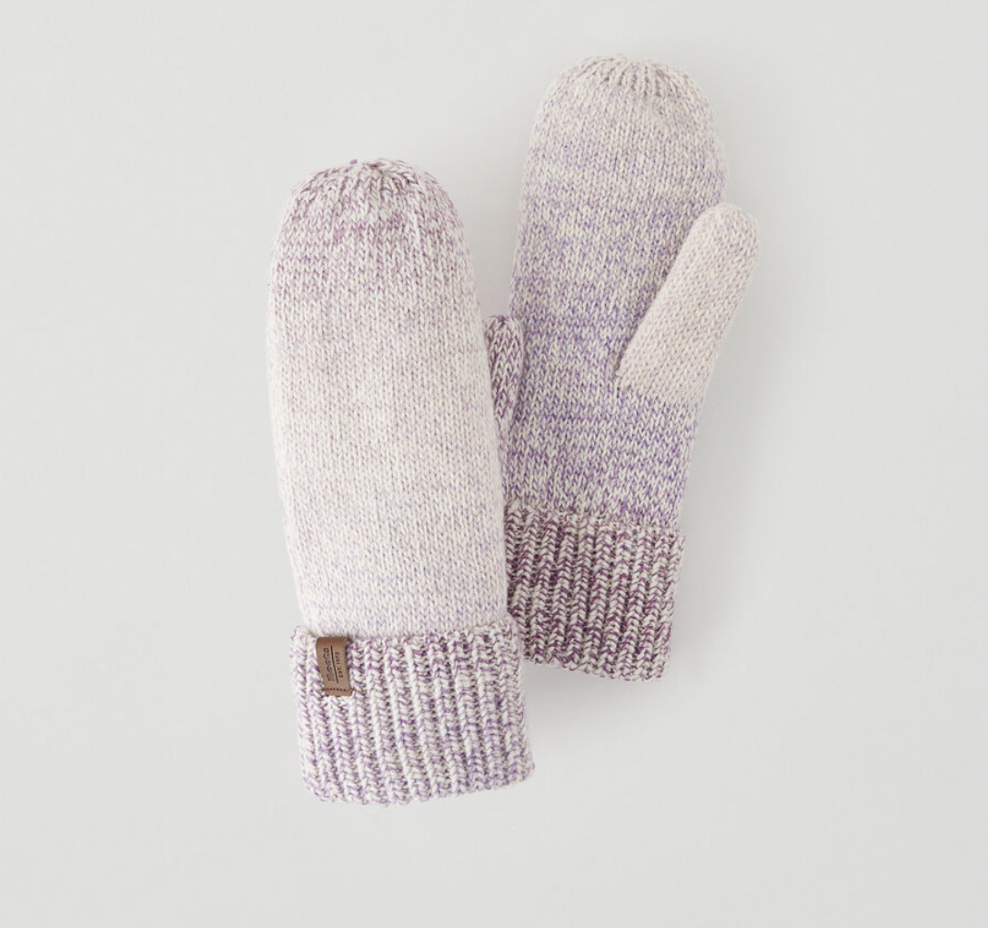 a pair of knitted roots mittens with an ombre pattern