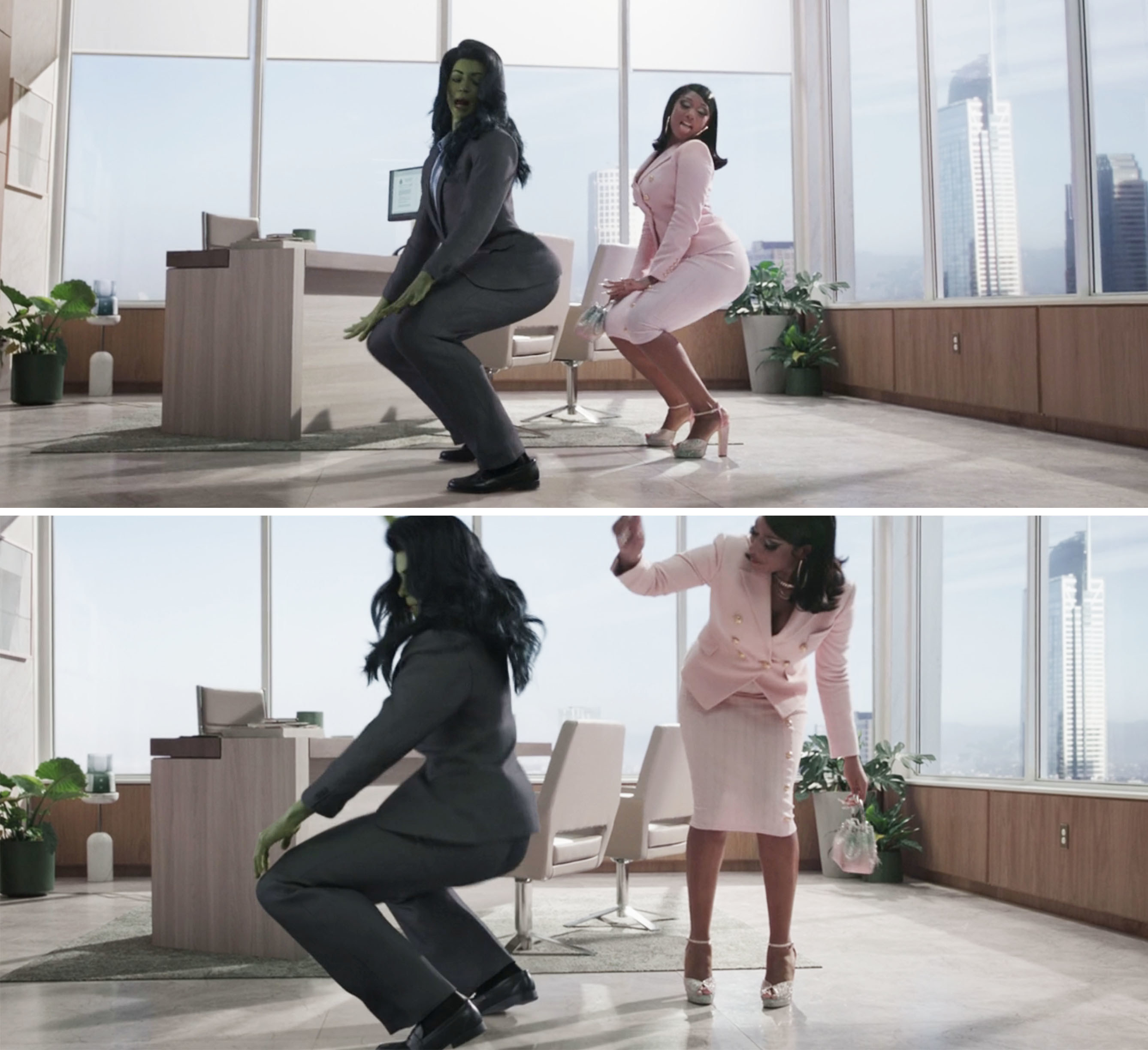 megan and she-hulk dancing in the office