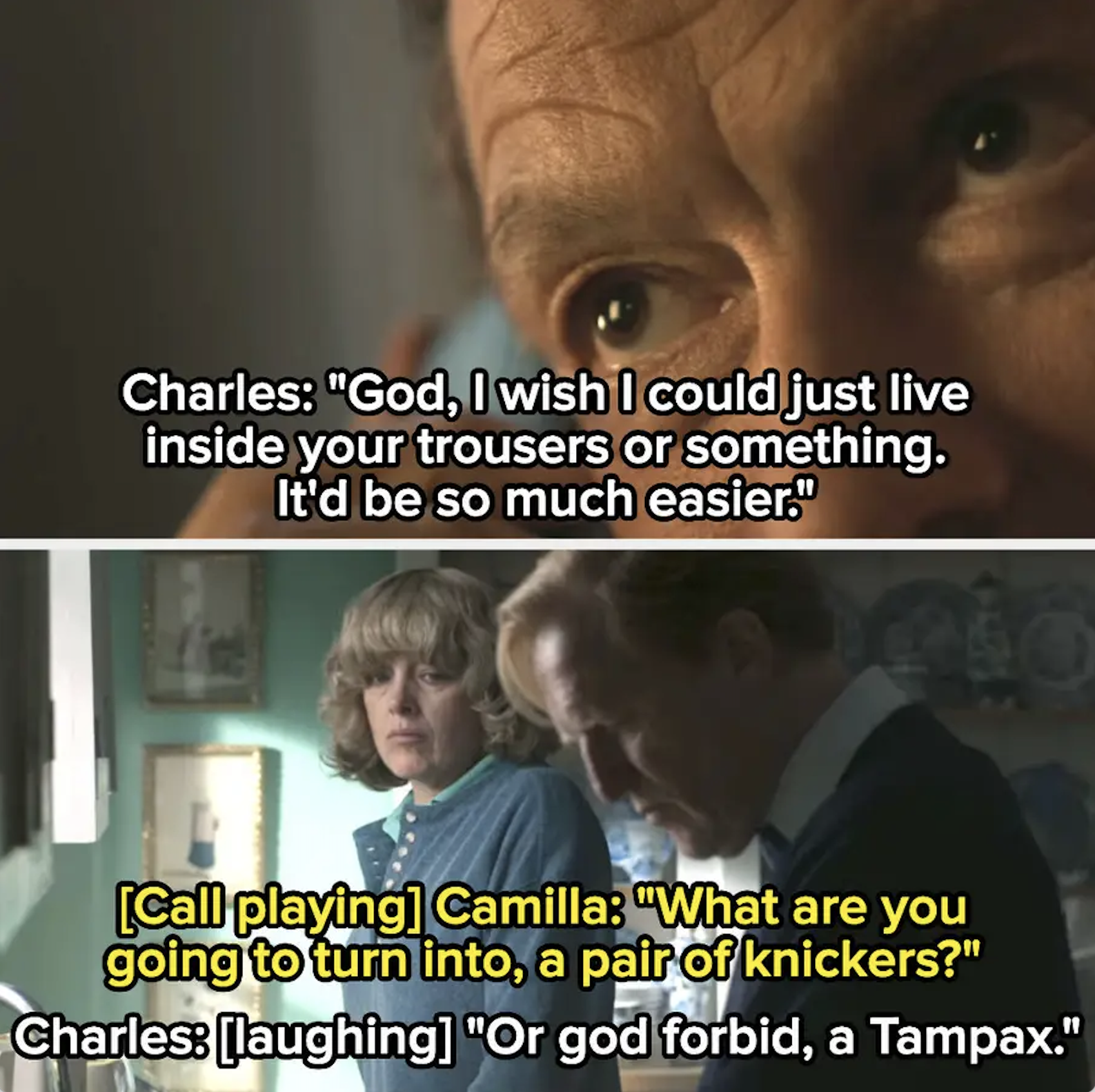 Charles: God, I wish I could just live insdie your trousers or something. it&#x27;d be so much easier. Camilla: What are you going to turn into, a pair of knickers? Charles: or god forbid, a Tampax