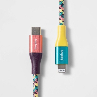 A colorful (purple, pink, blue and yellow) phone charging cord