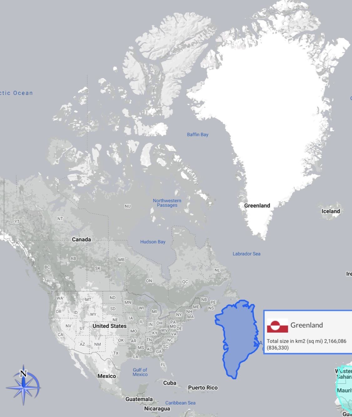 Greenland appears bigger than the continental US on the original map but is about a third of its size