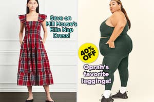 model wearing a red plaid dress with text: save on hill house's ellie nap dress! / model wearing green leggings and a matching sports bra with text: 40% off oprah's favorite leggings!