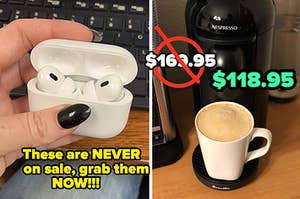 left image: airpods pro, right image: nespresso machine with a cup of coffee