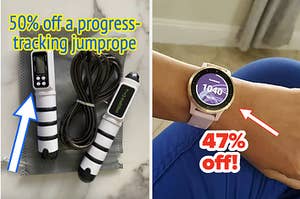 A split thumbnail of a jumprope and a watch