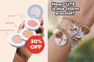 left image: stack the odds face makeup, right image: disney inspired charm bracelets