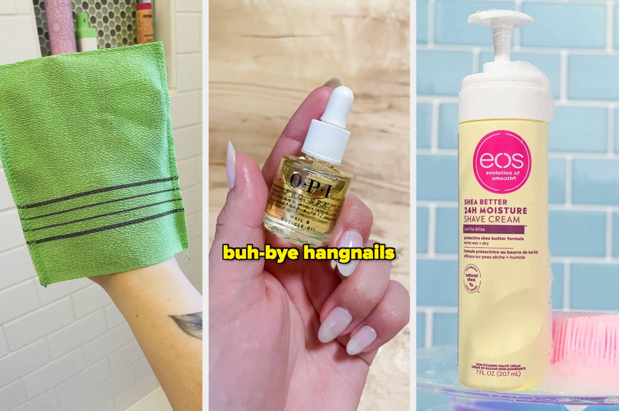 exfoliating wash cloth on someone's hand, someone holding cuticle oil, a bottle of shaving cream in a shower